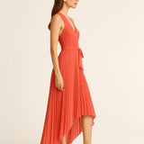 Vestido Plisado Falda Plisada Asimétrica y Lazo Ajustable en la Cintura - Coral