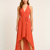 Vestido Plisado Falda Plisada Asimétrica y Lazo Ajustable en la Cintura - Coral