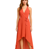 Vestido Plisado Falda Plisada Asimétrica y Lazo Ajustable en la Cintura - Coral