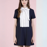 Vestido Corto Navy con Tableado en el Pecho - Azul y Blanco