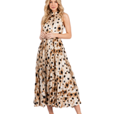 Vestido Midi Marisol - Plisado con Cuello Halter Safari Dots - Crema y Negro