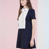 Vestido Corto Navy con Tableado en el Pecho - Azul y Blanco