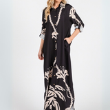 Vestido Maxi Theresa – Camisero Relajado Largo con Estampado Tropical - Negro y Beige