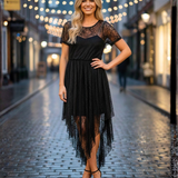 Vestido Manga Corta de Encaje Negro con Basta Asimétrica -  Negro