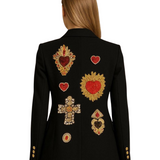 Blazer Largo Cruzado con Diseño Intervenido a Mano en la Espalda - Negro