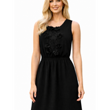 Vestido Corto Manga Cero de Gasa con Bordado en el Pecho - Negro