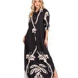 Vestido Maxi Theresa – Camisero Relajado Largo con Estampado Tropical - Negro y Beige