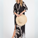 Vestido Maxi Theresa – Camisero Relajado Largo con Estampado Tropical - Negro y Beige