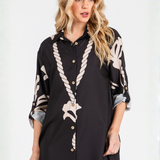 Vestido Maxi Theresa – Camisero Relajado Largo con Estampado Tropical - Negro y Beige