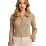 Cárdigan-Piel en Cuello y Mangas - Beige