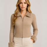 Cárdigan-Piel en Cuello y Mangas - Beige