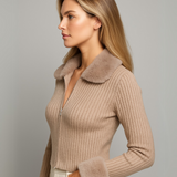 Cárdigan-Piel en Cuello y Mangas - Beige