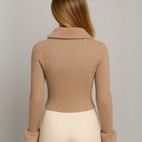 Cárdigan-Piel en Cuello y Mangas - Beige