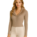 Cárdigan-Piel en Cuello y Botones - Beige