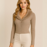 Cárdigan-Piel en Cuello y Botones - Beige