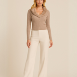 Cárdigan-Piel en Cuello y Botones - Beige