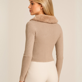 Cárdigan-Piel en Cuello y Botones - Beige