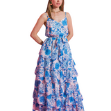 Vestido Delfina - Largo Maxi Cascada Gasa Floral - Celeste y Blanco