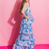 Vestido Delfina - Largo Maxi Cascada Gasa Floral - Celeste y Blanco