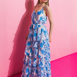 Vestido Delfina - Largo Maxi Cascada Gasa Floral - Celeste y Blanco