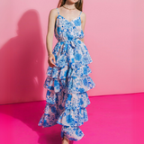 Vestido Delfina - Largo Maxi Cascada Gasa Floral - Celeste y Blanco