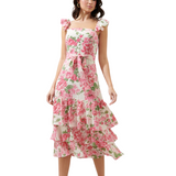 Vestido Jazmín - Largo Midi con Volantes en Hombros y Falda - Rosado y Blanco