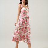 Vestido Jazmín - Largo Midi con Volantes en Hombros y Falda - Rosado y Blanco