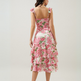 Vestido Jazmín - Largo Midi con Volantes en Hombros y Falda - Rosado y Blanco