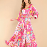 Vestido Flora - Largo Maxi Diseño de Flores - Rosado