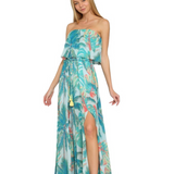 Vestido Eve - Largo Maxi Tropical sin Tirantes y Cinturón, con Impresión de Hojas de Palma Azules y Verde Jade