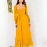 Vestido Martina - Largo Maxi con Manga Larga Escote Cuadrado - Amarillo