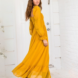 Vestido Martina - Largo Maxi con Manga Larga Escote Cuadrado - Amarillo