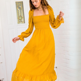 Vestido Martina - Largo Maxi con Manga Larga Escote Cuadrado - Amarillo
