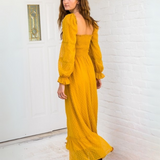 Vestido Martina - Largo Maxi con Manga Larga Escote Cuadrado - Amarillo