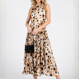 Vestido Midi Marisol - Plisado con Cuello Halter Safari Dots - Crema y Negro