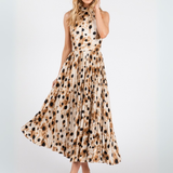 Vestido Midi Marisol - Plisado con Cuello Halter Safari Dots - Crema y Negro