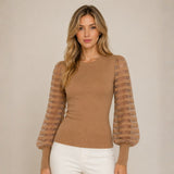 Chompa Cuello Redondo Manga de Franjas Estilo Princesa - Camel
