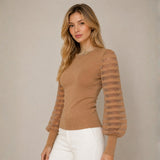 Chompa Cuello Redondo Manga de Franjas Estilo Princesa - Camel