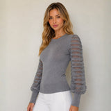 Chompa Cuello Redondo Manga de Franjas Estilo Princesa - Gris