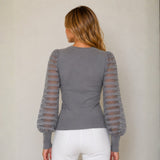 Chompa Cuello Redondo Manga de Franjas Estilo Princesa - Gris