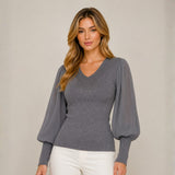 Chompa Cuello V con Brillo Manga Princesa Plisada - Gris