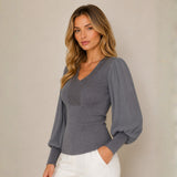 Chompa Cuello V con Brillo Manga Princesa Plisada - Gris