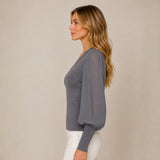 Chompa Cuello V con Brillo Manga Princesa Plisada - Gris