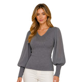 Chompa Cuello V con Brillo Manga Princesa Plisada - Gris