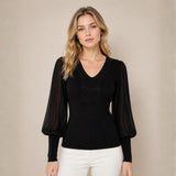 Chompa Cuello V con Brillo Manga Princesa Plisada - Negro