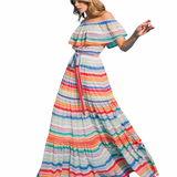 Vestido Amparo - Largo Maxi Off Shoulders con Diseño de Franjas Colores Vivos - Multicolor