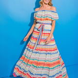 Vestido Amparo - Largo Maxi Off Shoulders con Diseño de Franjas Colores Vivos - Multicolor