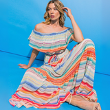 Vestido Amparo - Largo Maxi Off Shoulders con Diseño de Franjas Colores Vivos - Multicolor