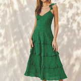 Vestido Rachel - Midi de Algodón Eyelet con Volantes y Diseño de Gracia Botánica para Mujeres - Verde Bosque