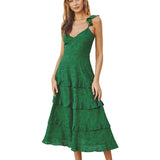 Vestido Rachel - Midi de Algodón Eyelet con Volantes y Diseño de Gracia Botánica para Mujeres - Verde Bosque